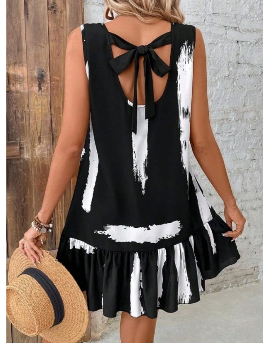 Kadın Kolsuz Bisiklet Yaka Arkadan Fiyonklu Süprem Kısa Elbise