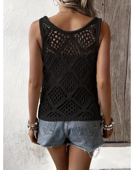 Kadın Kolsuz Bisiklet Yaka Baklava Desenli Ajurlu Triko Bluz