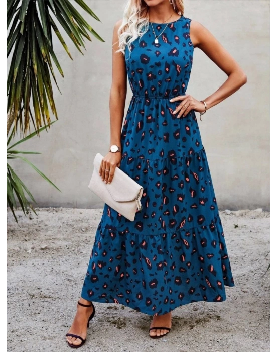 Kadın Kolsuz Bisiklet Yaka Beli Lastikli Desenli Süprem Elbise