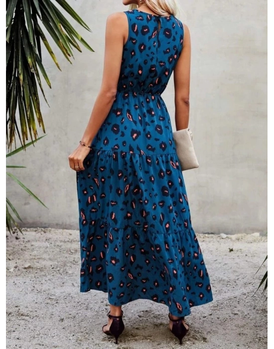 Kadın Kolsuz Bisiklet Yaka Beli Lastikli Desenli Süprem Elbise