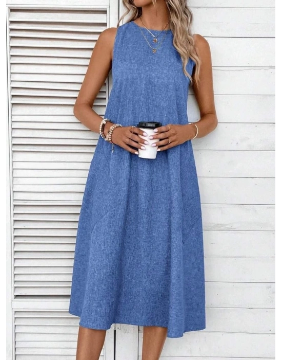Kadın Kolsuz Bisiklet Yaka Cepli Midi Keten Elbise