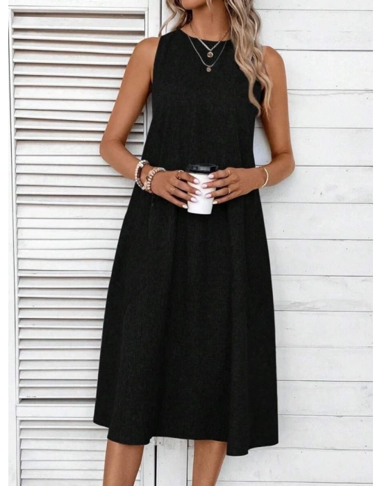 Kadın Kolsuz Bisiklet Yaka Cepli Midi Keten Elbise