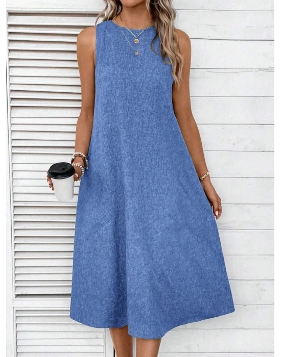 Kadın Kolsuz Bisiklet Yaka Cepli Midi Keten Elbise