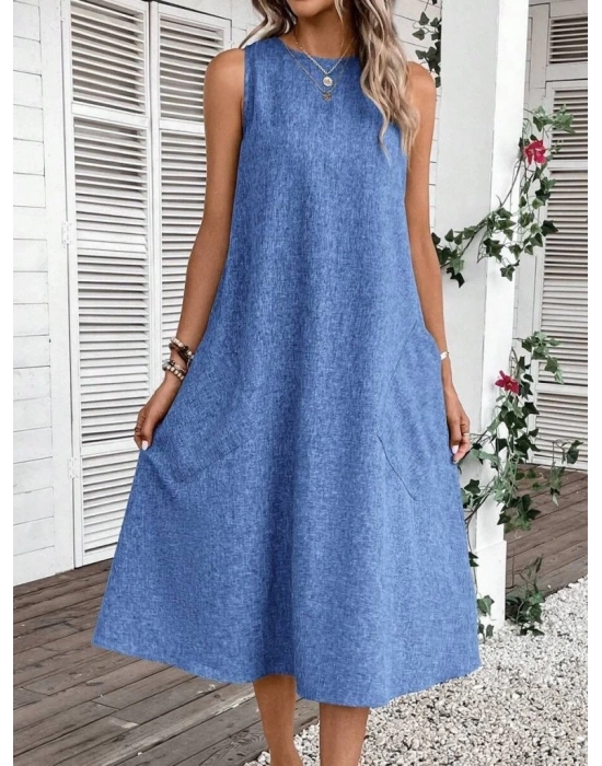 Kadın Kolsuz Bisiklet Yaka Cepli Midi Keten Elbise