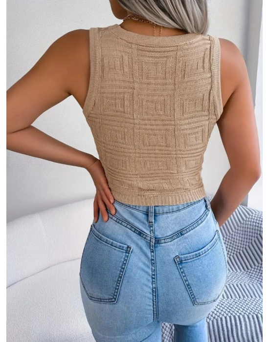 Kadın Kolsuz Bisiklet Yaka Güpüs Dekolteli Triko Crop Bluz