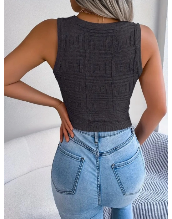 Kadın Kolsuz Bisiklet Yaka Güpüs Dekolteli Triko Crop Bluz