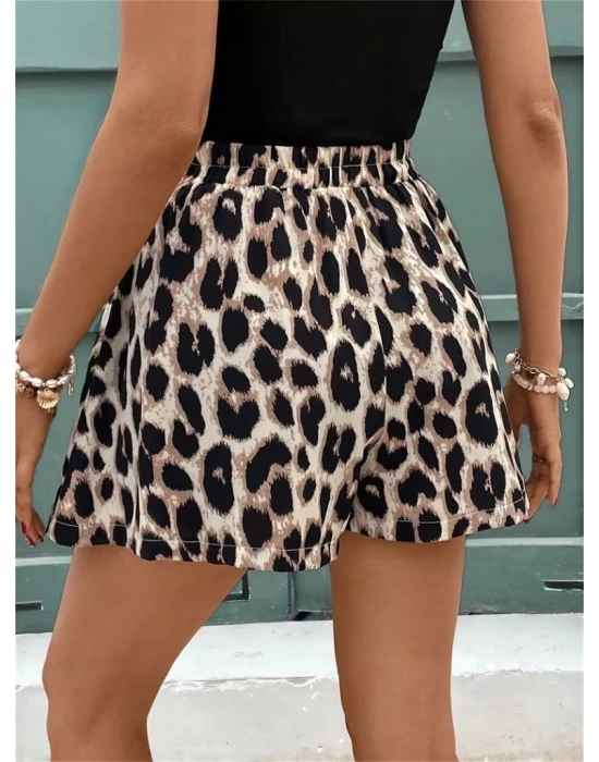 Kadın Kolsuz Bisiklet Yaka Viskon Bluz Ve Leopar Desenli Kısa Modal Short Ikili Takım