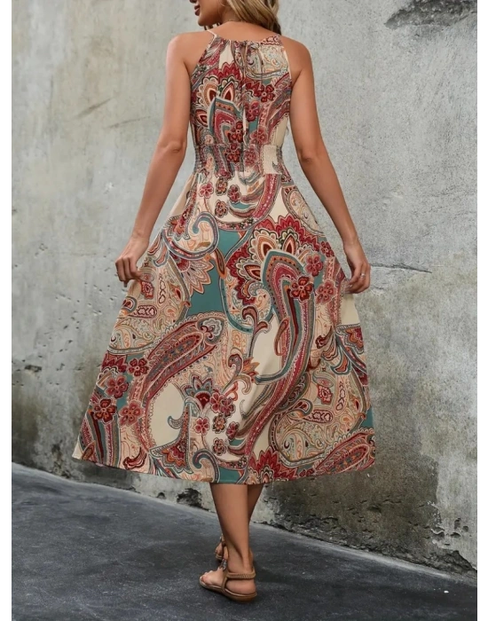 Kadın Kolsuz Boyundan Bağlamalı Beli Lastikli Dijital Baskı Süprem Uzun Elbise