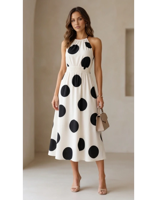 Kadın Kolsuz Boyundan Bağlamalı Beli Lastikli Dijital Baskı Süprem Uzun Elbise