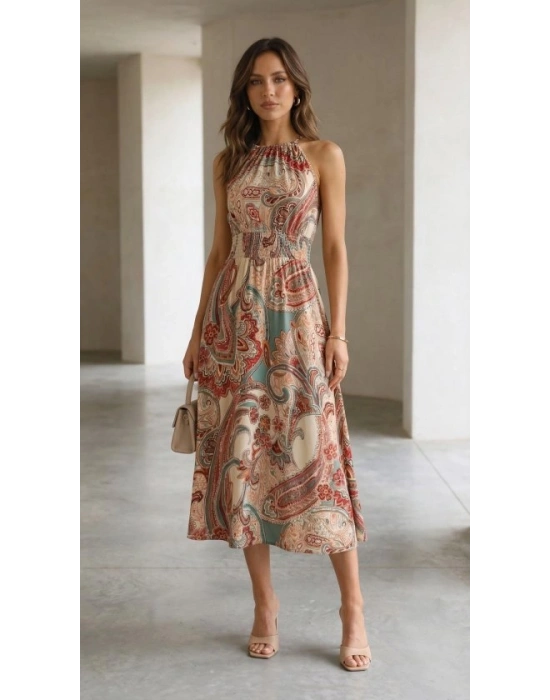 Kadın Kolsuz Boyundan Bağlamalı Beli Lastikli Dijital Baskı Süprem Uzun Elbise