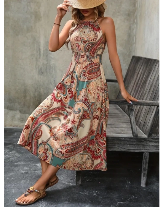 Kadın Kolsuz Boyundan Bağlamalı Beli Lastikli Etnik Desen Baskı Süprem Uzun Elbise