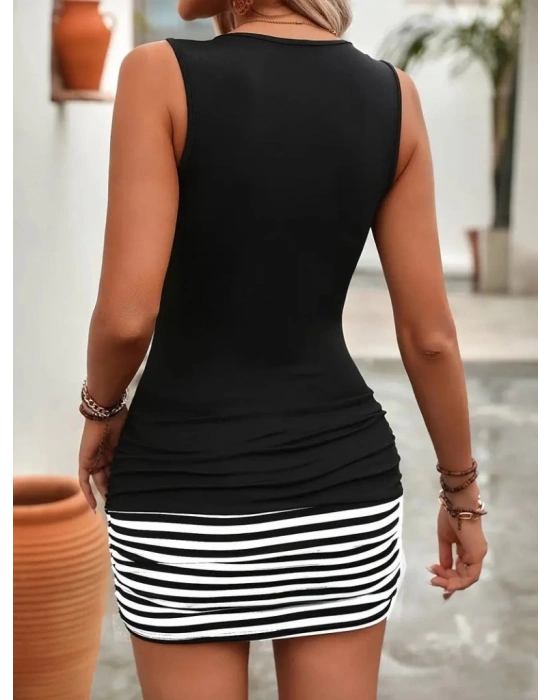 Kadın Kolsuz Degaje Yakalı Blok Desenli Kısa Viskon Elbise