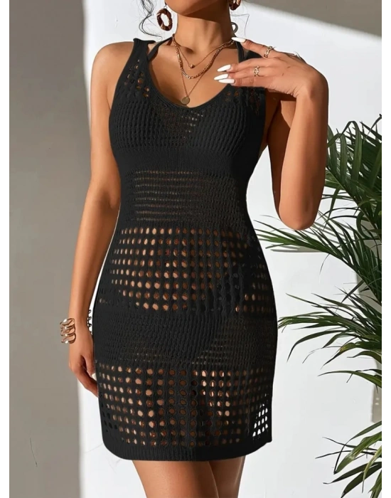 Kadın Kolsuz Delikli örgü Detay Mini Triko Pareo Elbise