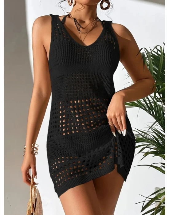 Kadın Kolsuz Delikli örgü Detay Mini Triko Pareo Elbise