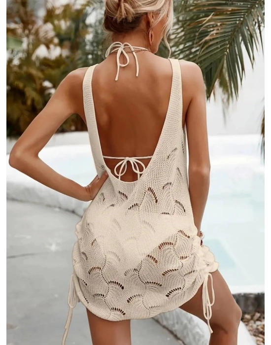 Kadın Kolsuz Derin Oval V Detaylı Iki Yanı Büzgülü Triko Pareo