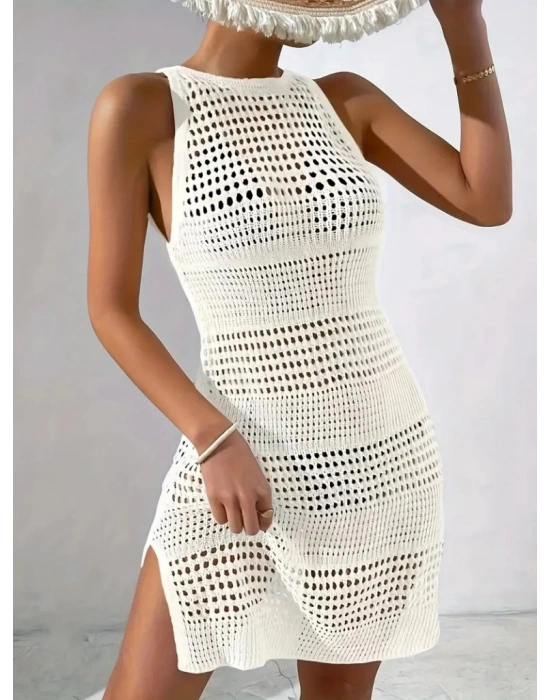 Kadın Kolsuz Derin Sırt Dekolteli Ajurlu Triko Pareo