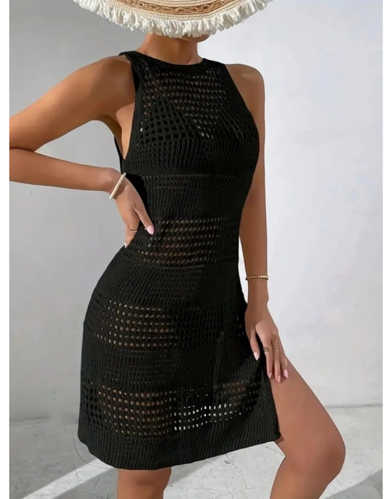 Kadın Kolsuz Derin Sırt Dekolteli Ajurlu Triko Pareo