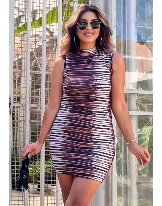 Kadın Kolsuz Desenli Mini Bodycon Dalgıç Elbise