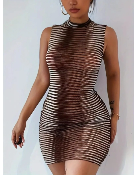 Kadın Kolsuz Desenli Mini Bodycon Dalgıç Elbise