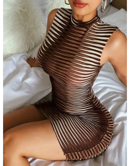 Kadın Kolsuz Desenli Mini Bodycon Dalgıç Elbise