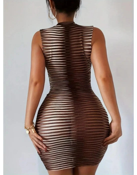 Kadın Kolsuz Desenli Mini Bodycon Dalgıç Elbise