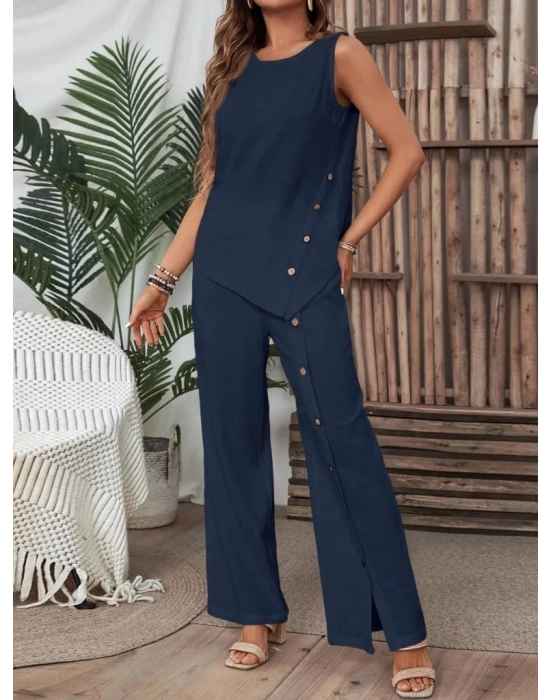 Kadın Kolsuz Düğmeli Asimetrik Detaylı Bürümcük Bluz Ve Pantolon Takım