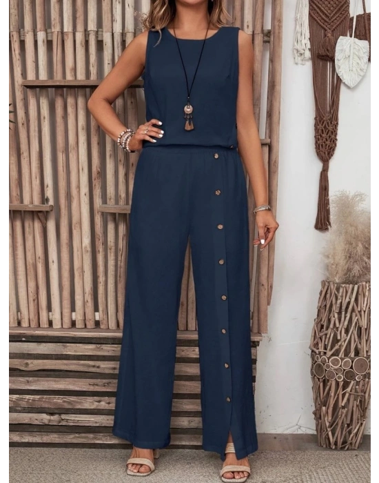 Kadın Kolsuz Düğmeli Asimetrik Detaylı Bürümcük Bluz Ve Pantolon Takım