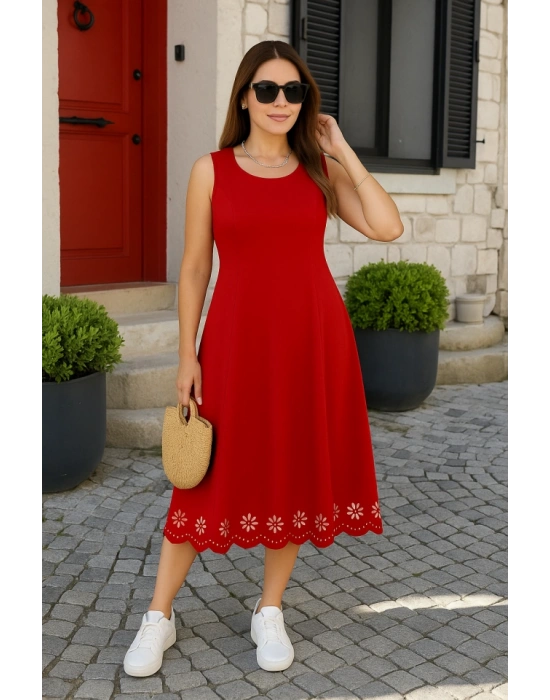 Kadın Kolsuz Etek Ucu Lazer Kesim çiçek Desenli Midi Boy Ithal Krep Elbise