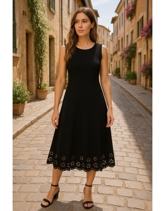 Kadın Kolsuz Etek Ucu Lazer Kesim çiçek Desenli Midi Boy Ithal Krep Elbise