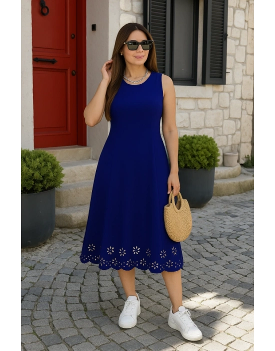 Kadın Kolsuz Etek Ucu Lazer Kesim çiçek Desenli Midi Boy Ithal Krep Elbise