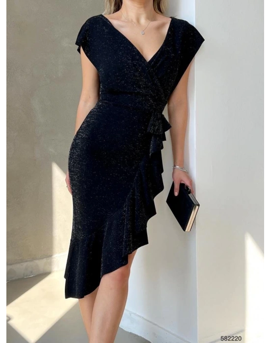 Kadın Kolsuz Göğüs Dekolteli Kruvaze Yaka Asimetrik Kesim Volan Detaylı Simli Krep Kumaş Elbise