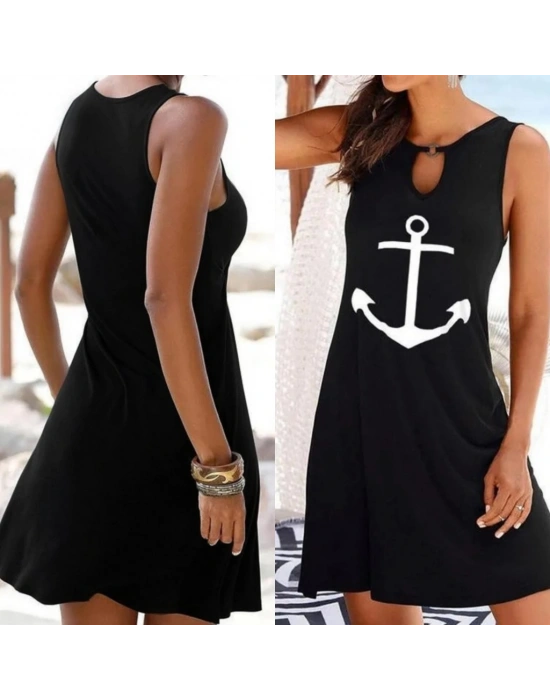 Kadın Kolsuz Halka Detay çıpa Baskılı Viskon Elbise