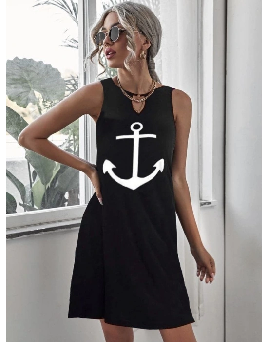 Kadın Kolsuz Halka Detay çıpa Baskılı Viskon Elbise