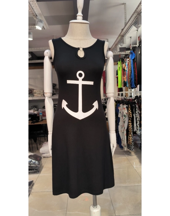 Kadın Kolsuz Halka Detay çıpa Baskılı Viskon Elbise