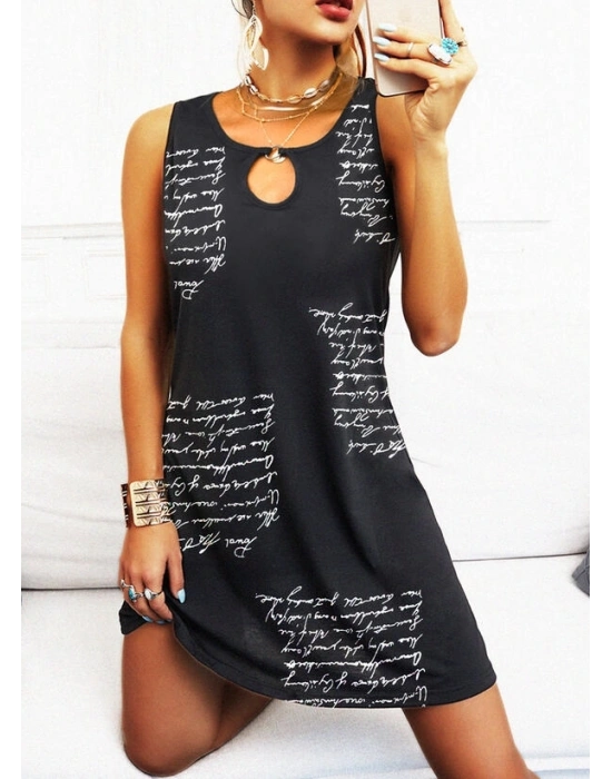 Kadın Kolsuz Halka Detay Mektup Desenli Mikro Elbise