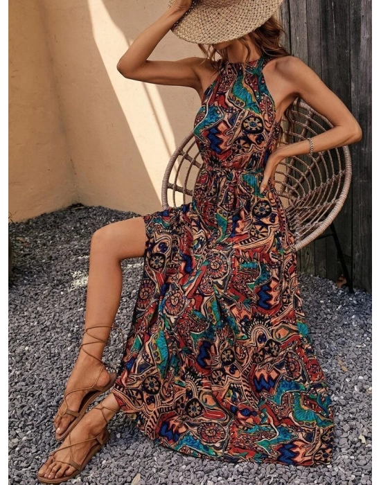 Kadın Kolsuz Halter Yaka Beli Lastikli Otantik Desenli Mikro Kumaş Elbise