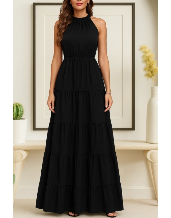 Kadın Kolsuz Halter Yaka Beli Lastiklidesenli Mikro Elbise