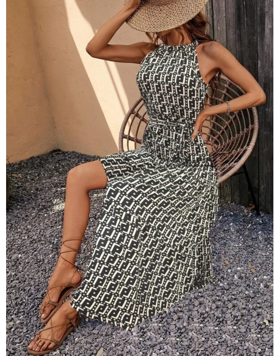 Kadın Kolsuz Halter Yaka Beli Lastiklidesenli Mikro Elbise