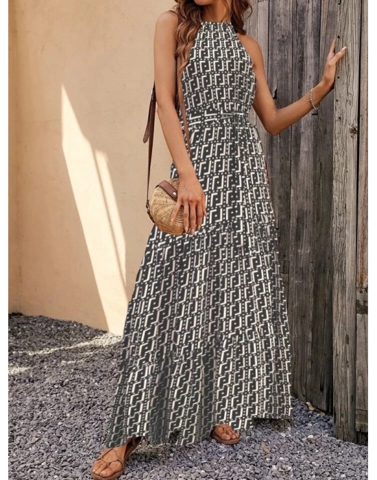 Kadın Kolsuz Halter Yaka Beli Lastiklidesenli Mikro Elbise