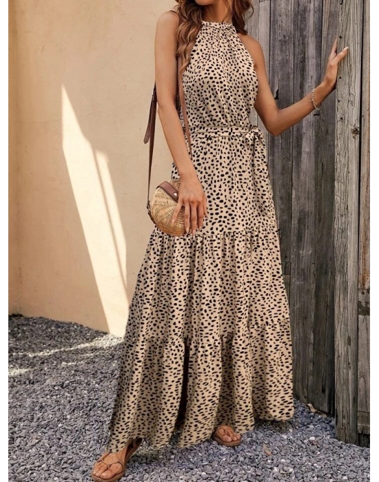 Kadın Kolsuz Halter Yaka Beli Lastiklileopar Desenli Mikro Elbise