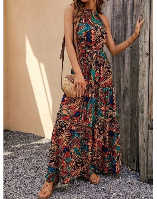 Kadın Kolsuz Halter Yaka Beli Lastikliotantik Desenli Mikro Kumaş Elbise