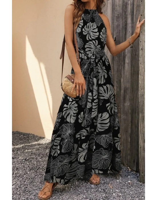 Kadın Kolsuz Halter Yaka Beli Lastikliotantik Desenli Mikro Kumaş Elbise