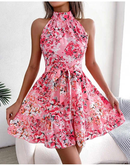 Kadın Kolsuz Halter Yaka çiçek Baskılı Eteği Volanlı Sandy Elbise