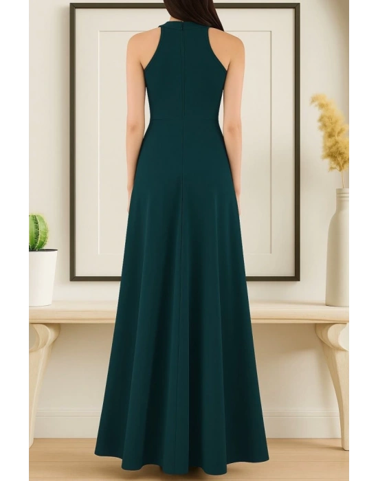 Kadın Kolsuz Halter Yaka Derin Yırtmaç Detaylı Tam Boy Ithal Krep Elbise