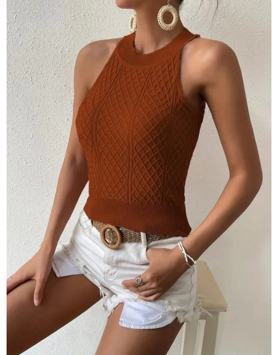 Kadın Kolsuz Halter Yaka Mini Baklava Desenli Triko Bluz