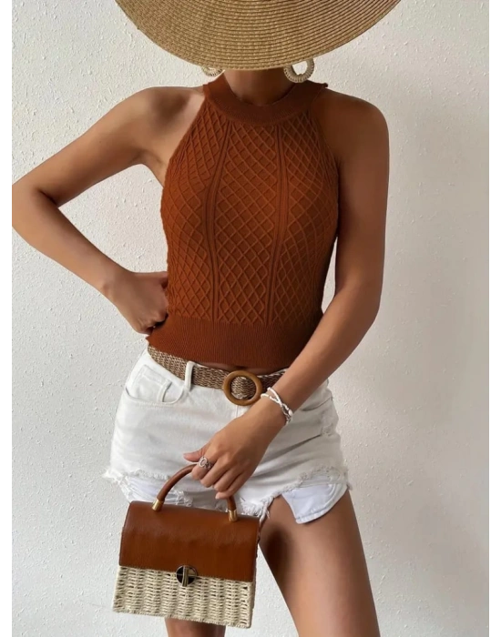 Kadın Kolsuz Halter Yaka Mini Baklava Desenli Triko Bluz