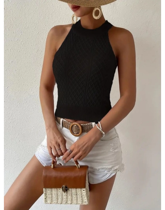 Kadın Kolsuz Halter Yaka Mini Baklava Desenli Triko Bluz