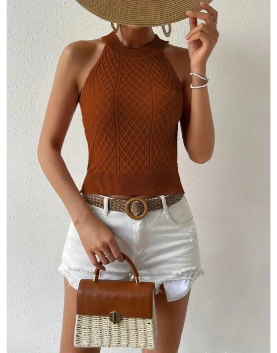 Kadın Kolsuz Halter Yaka Mini Baklava Desenli Triko Bluz