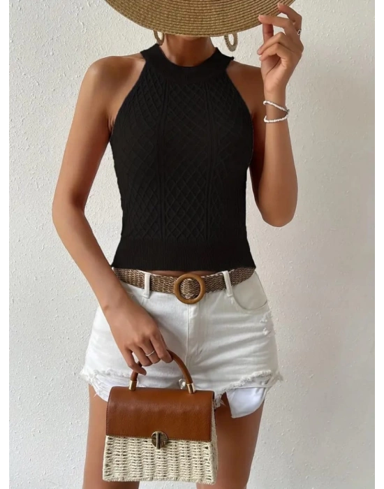 Kadın Kolsuz Halter Yaka Mini Baklava Desenli Triko Bluz