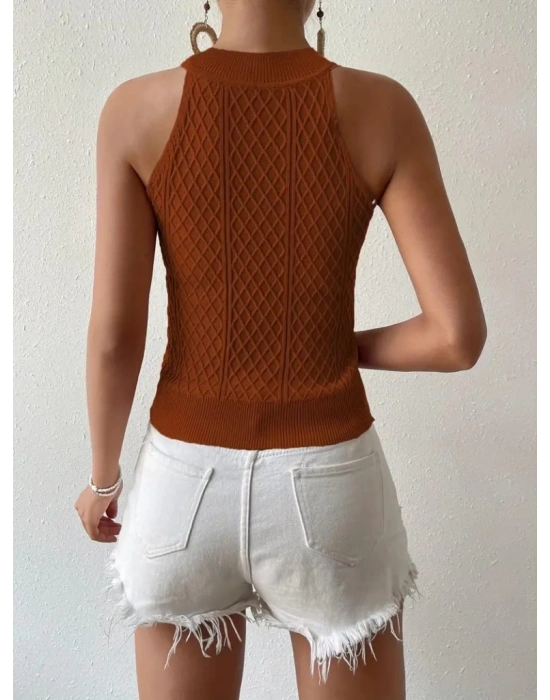 Kadın Kolsuz Halter Yaka Mini Baklava Desenli Triko Bluz